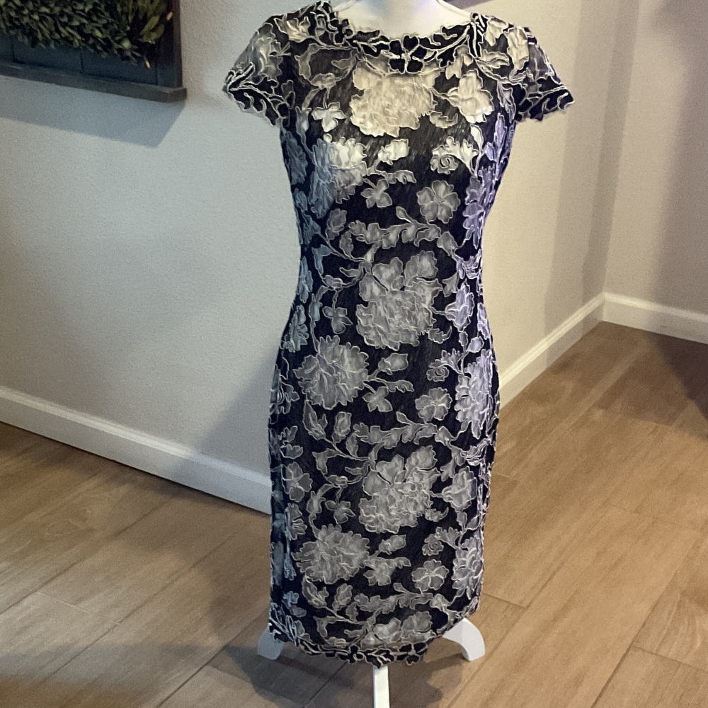 Tadashi Shoji Black and Cream Floral Midi Dress